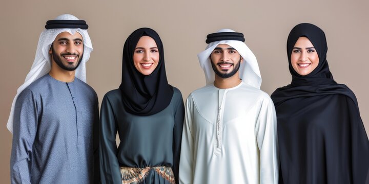 Beautiful arab middle-eastern women with traditional abaya dress and middle easter man wearing kandora in studio - Group of arabic muslim adults portrait in Dubai, United Arab Emirates