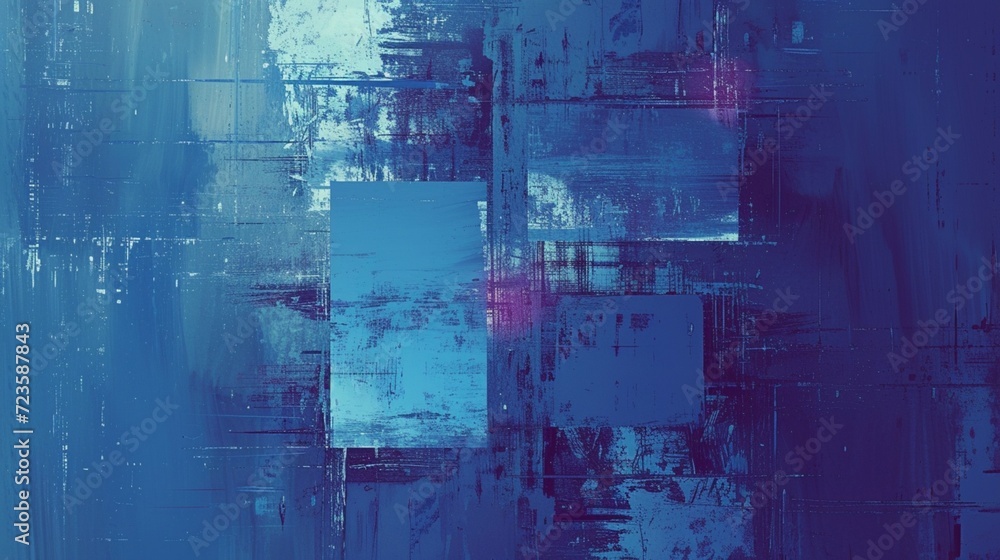 Poster azure blue square with an abstract, digital glitch effect, appearing as if viewed on a high-resoluti