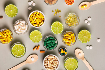 Big amount of colored capsules of vitamins, minerals and dietary supplements, lime as a source of...