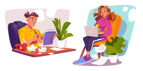 Man and woman book writer or journalist creating story or article with laptop and notebook. Cartoon vector illustration set of female and male copywriter and author during essay creation process.
