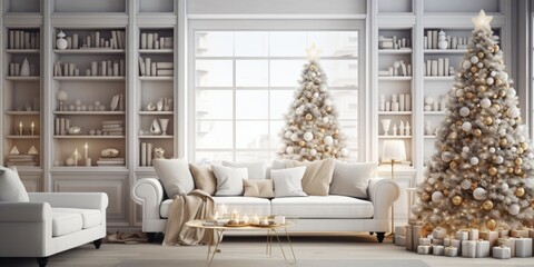 Festive living room with large Christmas tree, toys, garlands, and white sofa.