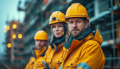 A cheerful industrial worker in safety helmet confidently with his team members blurred in the background.