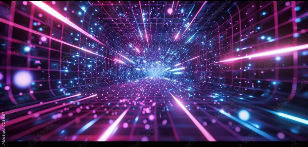 Poster ultraviolet virtual reality space with glowing cherry and turquoise lines, creating a sense of high-