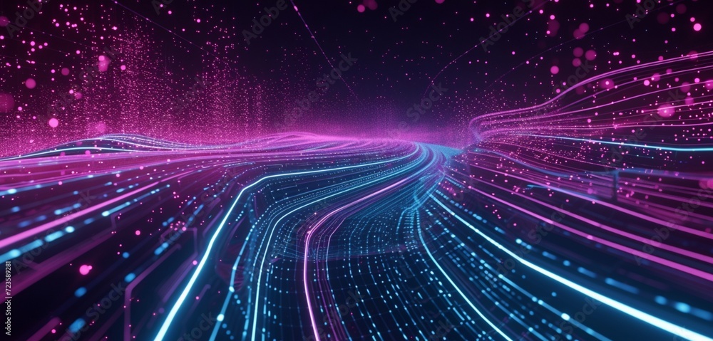 Poster ultraviolet virtual reality space with glowing cherry and turquoise lines, creating a sense of high-