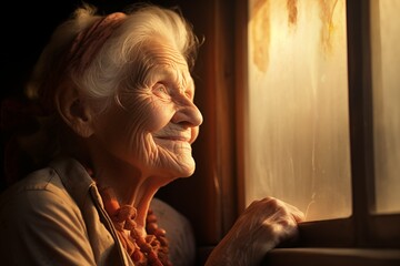 Elderly woman smiles, gazing through the window joyfully.