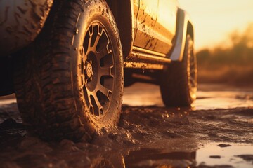 Muddy off-road tire close-up, adventure in every detail.