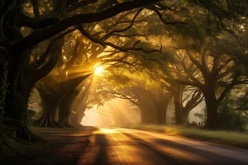 Scenic road embraced by trees, bathed in golden sunlight.