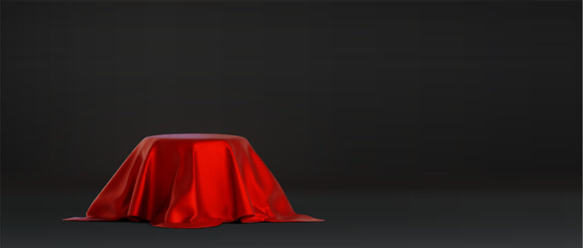 Round podium covered with red fabric curtain with folds and wrinkles. Realistic vector illustration of platform or product stand under silk cloth drapery. Presentation display hidden in waved blanket.
