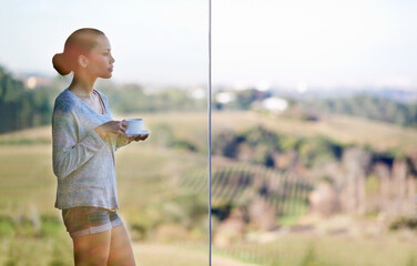 Woman, coffee and thinking at window, view with drink or warm beverage for morning routine and reflection in nature. Peace, calm and espresso for caffeine, ponder life with tea cup in countryside