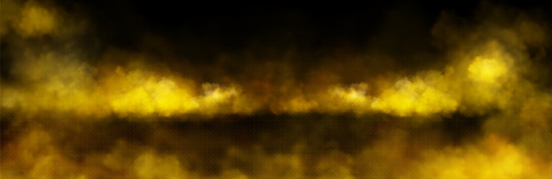 Cloud of yellow smoke on black background. Vector realistic illustration of golden color dust overlay effect, transparent smoky mist texture, toxic chemical smog, nightclub party steam, light haze
