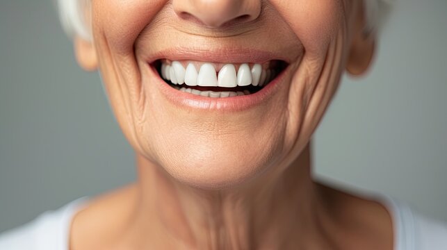 Cropped image of smiling Elderly people with white teeth isolated on grey background. Dentis concept. Ai generative.