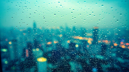 Rainy Window Texture: Water Drops on Glass with Abstract Light Reflections, Perfect for Weather and Urban Backgrounds
