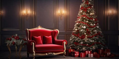 Elegant red sofa, comfort home, fabric armchair, Christmas tree with presents in living room.