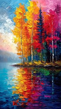 Original oil painting on canvas of autumn landscape with colorful trees and lake.