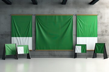 Green Flag with a Gold Border, Two Flags Framed on a Wall