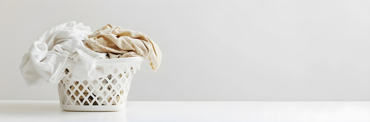 White basket with freshly cleaned laundry on white background. Spring cleaning and housekeeping concept. Banner for clinning service, dry cleaning, laundry with copy space. Template design for ads - Powered by Adobe