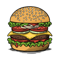 Vector illustration of a sandwich with sausage, cheese, tomato, lettuce and greens. Delicious healthy sandwich.