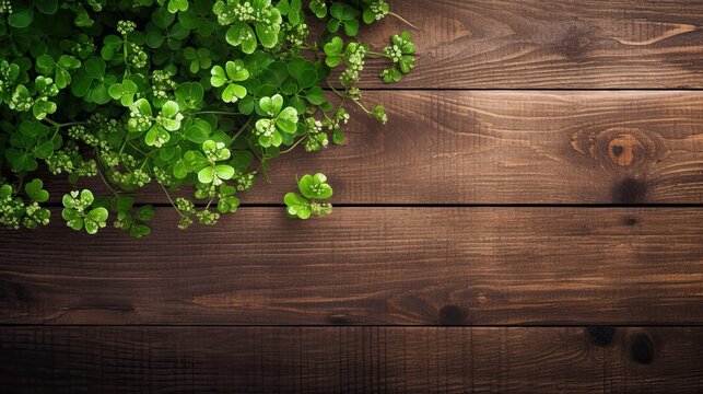 Irish luck clover background with greenery, flowers and plant-like pattern on wooden boards.