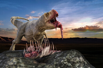 ティラノサウルスが戦いに勝ち獲物を食べている - obrazy, fototapety, plakaty