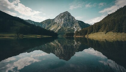 Mirror of Tranquility: Calm Waters Reflect the Majestic Mountain, Offering a Scenic Water Mirror and Idyllic Lake Serenity. Generative AI