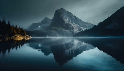 Fototapeta na wymiar Mountain Reflections: A Serene Lake Mirrors Majestic Peaks, Creating a Tranquil Scene of Reflective Beauty. Generative AI.