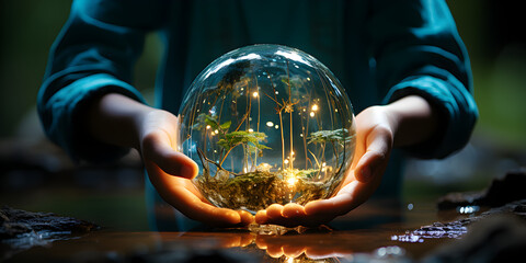 Glass sphere of green plants on hands - obrazy, fototapety, plakaty