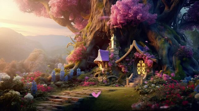 fairy tale scene with mini cottage home