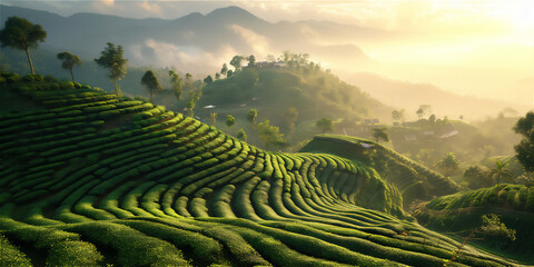 green tea terraces in the morning - obrazy, fototapety, plakaty