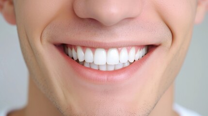 Obraz premium Cropped shot of a young Caucasian smiling man. Teeth whitening. Dentistry, dental treatment