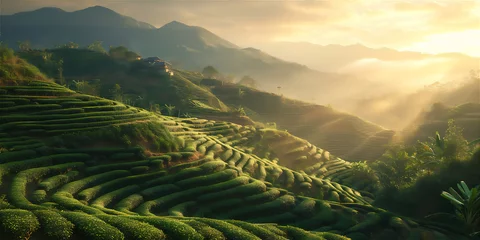 Deurstickers green tea terraces in the morning © Maizal
