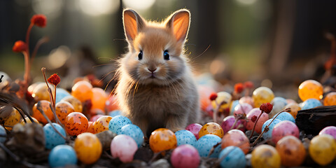 Fototapeta na wymiar Baby rabbit on garden in daylight in Easter vibe