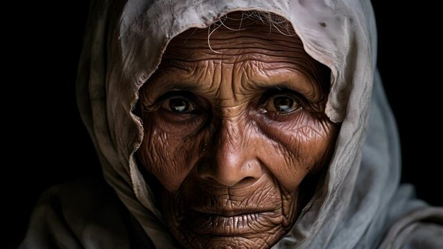 An elderly Rohingya woman in her traditional attire, her face bears the telltale signs of age and strife together. Her tired eyes, however, burn bright with an unwavering hope, symbolic