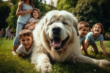 Enchanting Moment: Big Friendly Dog Frolicking with Children in the Park