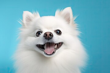Charming White Spitz with Bright Smile on Light Blue Background