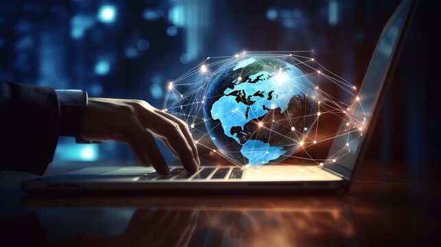 Internet network technology, digital software development, future tech background, IoT concept. Man using digital tablet and laptop with global network connection, Generative Ai 