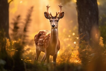 Peaceful deer in tall grass, bathed in sun rays against forest backdrop