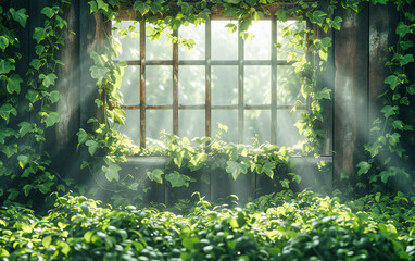Green Window Frames with Nature View: Home and Garden Concept, Perfect for Summer and Outdoor Design Themes