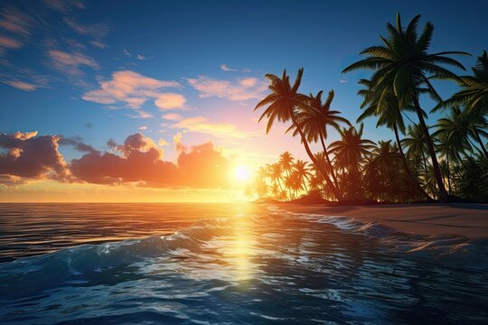 Tranquil ocean view with palm trees and sun rays creating beautiful play of light and shadow