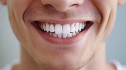 Fototapeta premium Cropped shot of a young Caucasian smiling man. Teeth whitening. Dentistry, dental treatment