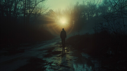 A man's silhouette stands in the center of a damp dirt road, illuminated by chilly atmospheric lighting at dusk