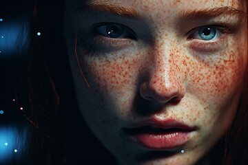 A close up portrait of a woman with striking features The woman has bright blue eyes, freckles on her face, and a gentle lookShe is gazing up to the right