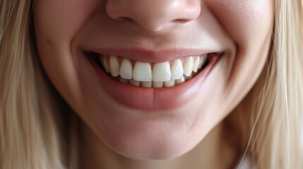 Fototapeta premium Cropped shot of a young Caucasian smiling woman. Teeth whitening. Dentistry, dental treatment.