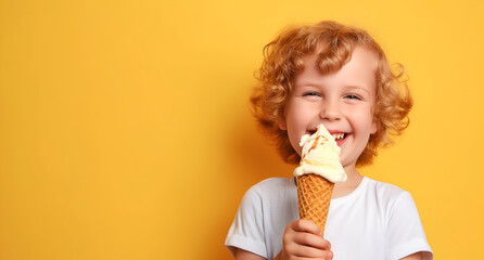 Happy curly hair kid child eating ice cream isolated on bright background. copy text space