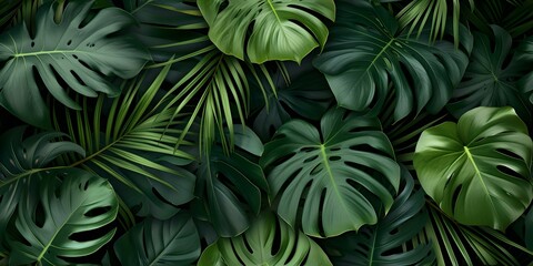 Lush tropical green leaves, dense jungle foliage, perfect for background or wallpaper. nature theme, botanical style. AI