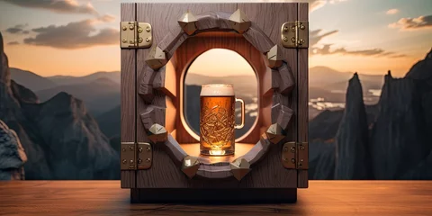 Fotobehang A glass of beer sitting inside a wooden frame with a captivating view © shelbys