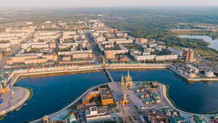 Yoshkar-Ola, Russia. City center during sunset. Embankment of the river Malaya Kokshaga, Aerial View