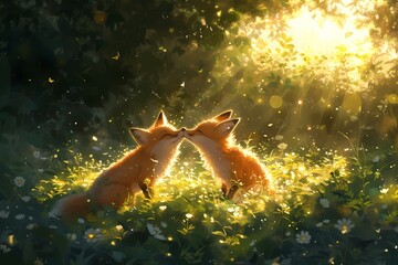 foxes with their mates - obrazy, fototapety, plakaty