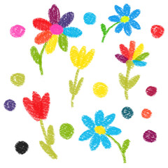 Hand-drawn flowers and dots. White background. Rainbow daisy. Red tulip. For textiles and fabric