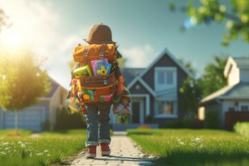 A 3D rendering of a kid student with a big backpack, walking through a suburban neighborhood The backpack is adorned with various school supplies and toys, and the student is walking with a sen - obrazy, fototapety, plakaty