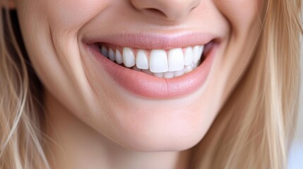 Fototapeta premium Cropped shot of a young Caucasian smiling woman. Teeth whitening. Dentistry, dental treatment.